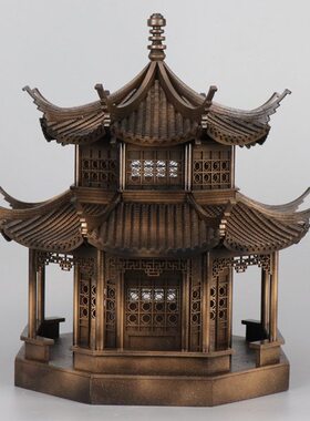 中式禅意古铜色建筑八角亭子木质工艺品售楼部样板间博古架摆件
