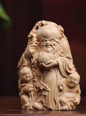 黄杨木雕白鹤仙鹿童子寿星神像实木手把件工艺品家居装饰摆件