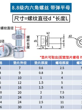 8.8级镀锌圆柱内六角弹平母螺栓螺丝螺母套装大全M4M5M6M8M10M12L