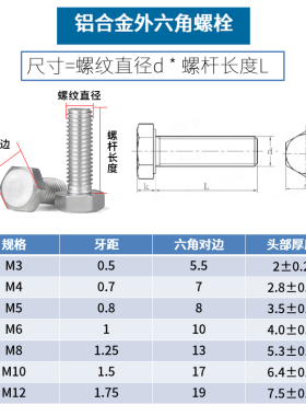 6061铝合金外六角螺丝 铝制螺栓 铝材质螺丝 M5M6M8M10M12M16?