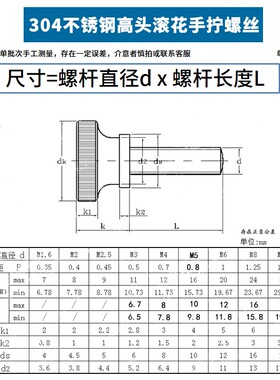 M3M4M5M6  304不锈钢高头滚花手拧螺丝手紧螺丝手扭螺丝GB834 5折