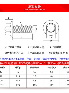 M5M6M8M10M12-304不锈钢外六角法兰面螺栓带垫花齿纹防滑螺丝大头