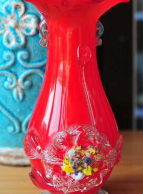 70年代料器琉璃玻璃花瓶蓝色橘色老物件一对价格桌面摆件卧室客厅