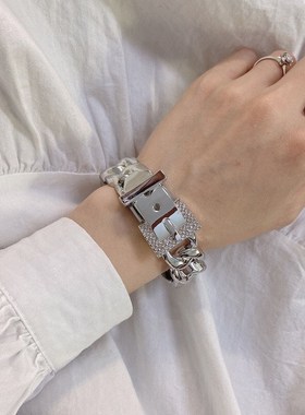 金色手链ins个性欧美时髦皮带扣潮流链条夸张街头开口大气手镯女