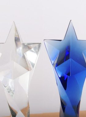 蓝色五角星水晶奖杯定制创意扭柱斜面企业公司员工年终颁奖 奖杯