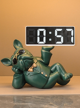 创意斗牛犬酒柜桌面电子r台式钟表小闹钟时钟家用钥匙收纳托盘摆