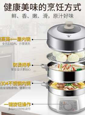 爱仕达电蒸锅家用多功能蒸锅上蒸下煮一体304不锈钢多层汤锅