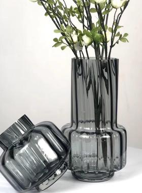 现代简约百搭灰色竖条纹玻璃花瓶软装饰品插花摆件工艺品