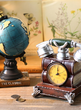 复古创意地球仪时钟桌面摆件家居电视柜酒柜书房客厅咖啡厅摆设品