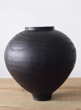 复古圆肚花瓶木质侘寂风插花器摆件客厅餐桌装饰桌面轻奢高级黑色