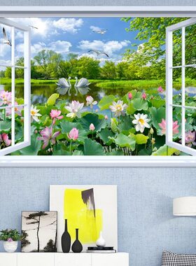 卧室窗户大3d立体防水墙贴客厅装饰画假风景墙壁贴画自然自粘壁纸