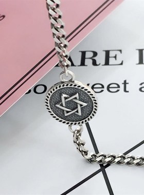 山本银韩版风挫平N型链男女士手链925银复古圆牌六芒星坦克链手链