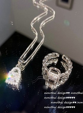 璀璨闪耀小锁宝石链条戒指 设计师镀18K金几何锁扣锆石项链 套装