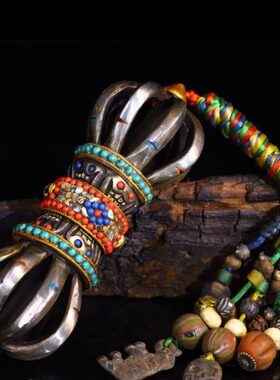 古玩收藏西藏古寺收老天铁彩绘镶嵌宝石天珠九股金刚杵法器摆件