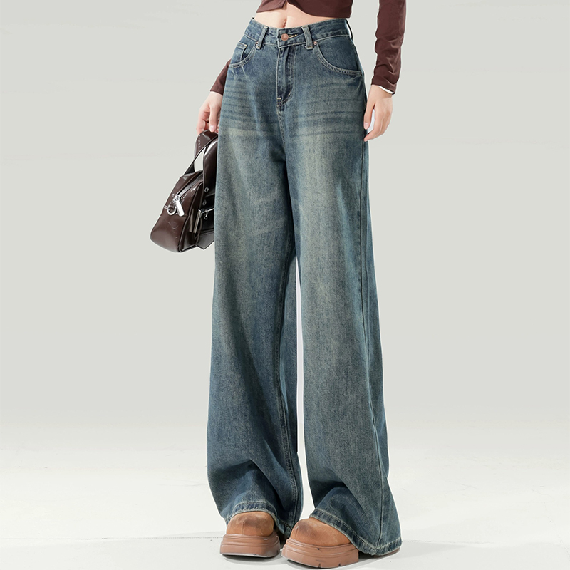 复古蓝高腰直筒做旧牛仔裤女2025新款春秋宽松垂感拖地阔腿长裤子