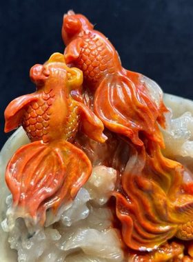 福建寿山石年年有余摆件满结晶体浮雕俏色家居客厅装饰摆设原石