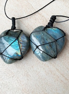 天然水晶拉长石网兜吊坠月光石项链手工编织复古蓝光