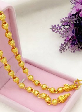 黄铜镀金空心磨砂珠龙头项链仿黄金婚庆首饰精品男士圆珠项饰