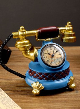 美式复古电话机摆件创意钟表树脂工艺品电视柜酒柜装饰品摄影道具