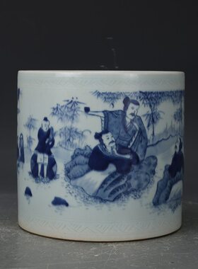 大清康熙年制青花竹林七贤笔筒 包老瓷器 旧货老货 收藏品
