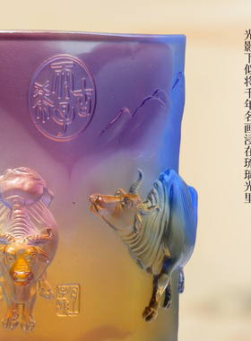 古东东五牛图琉璃笔筒摆件