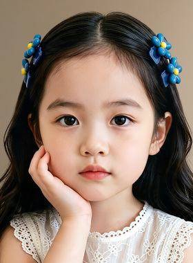 儿童韩系蓝色格纹花朵发夹女童2026新款前额刘海夹子女孩发卡发饰