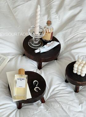 ins覆古小板凳高脚托盘迷你实木圆形花盆增高架首饰展示收纳摆件