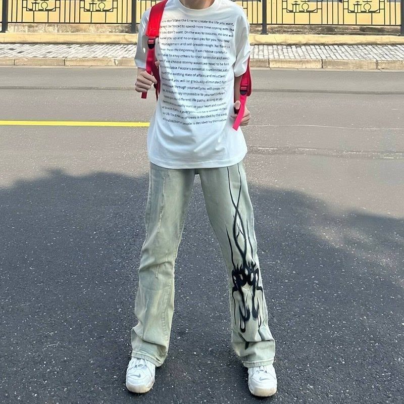 中大童美式复古秋季高街火焰残影印花牛仔裤男显瘦微喇叭长裤子男,淘宝优惠券,粉丝福利购,淘宝优惠卷