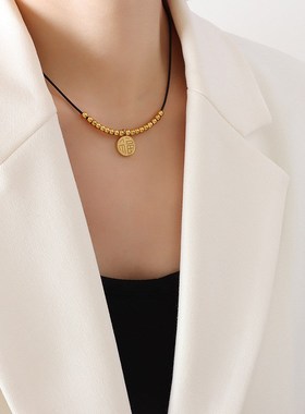 中国风国潮圆牌喜字设计吊坠小钢珠皮绳项链嘻哈网红博主流行饰品