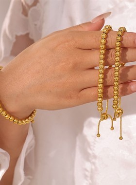 欧美风钛钢钢珠手串金色女士极简金属质感圆珠抽拉扣手链跨境饰品