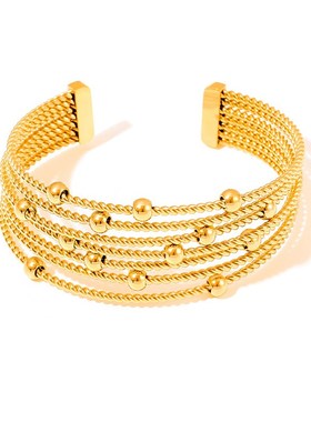 ins复古时尚多层麻花串钢珠手环欧美设计个性开口钛钢镀18k金手镯