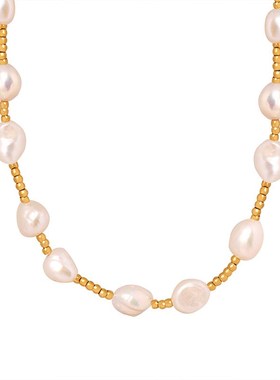 法式钛钢不掉色长款浪漫淡水珍珠项链饰品间隔钢珠串珠项链女