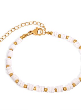 新款复古轻奢欧美风时尚钛钢镀金贝壳钢珠手链简约个性设计饰品女