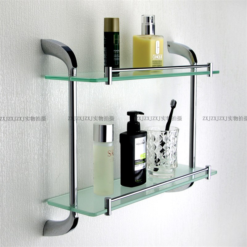 浴室全铜玻璃置物架 壁挂淋浴镜前架 304M不锈钢卫生间双层玻璃架 - 图1