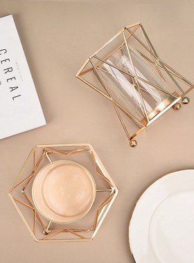 简约几何形铁艺玻璃花瓶透明水养绿植水I培花器北欧金色创意插花