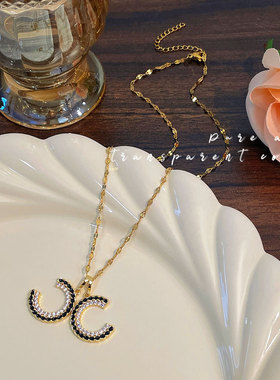 新款双C字母项链女款轻奢满钻锁骨链小众设计银首饰吊坠配饰饰品