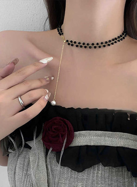 轻奢感黑色珍珠项链女小众设计感颈链网红气质卫衣锁骨链配饰