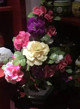玉石大牡丹花盆景客厅现代新中式家居装饰品创意玉花花架玉雕摆件