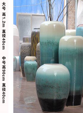 粗陶陶罐落地大花瓶样板房摆件绿色复古流水客厅陶瓷景观卧室摆件