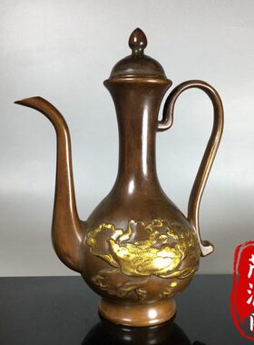 古玩铜器酒壶仿古德鎏凤呈祥龙老物件宣家居摆件浮雕茶壶金铜壶铜