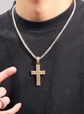 嘻哈潮流镀金锆石十字架吊坠个性长款情侣项链百搭时尚毛衣链挂饰