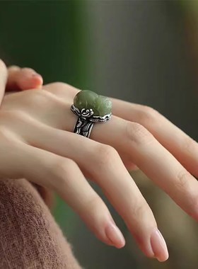 S925银和田h玉貔貅戒指女复古民族风做旧招财转运活口唐草纹食指