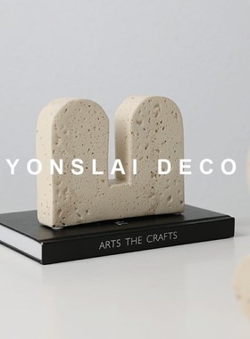 侘寂风彷洞石桌面摆件客厅玄w关书柜创H意几何书挡书立简约软装饰