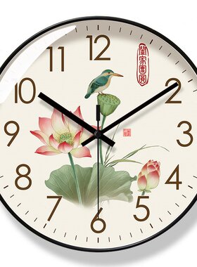 自动对时电波钟6319荷花客厅挂墙钟莲花钟表国风静音时钟挂钟中式
