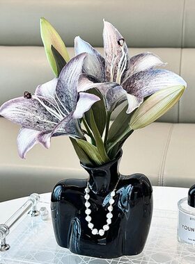 高级感陶瓷花瓶轻奢高档鲜花水培插花摆件客厅餐桌干花黑色装饰品