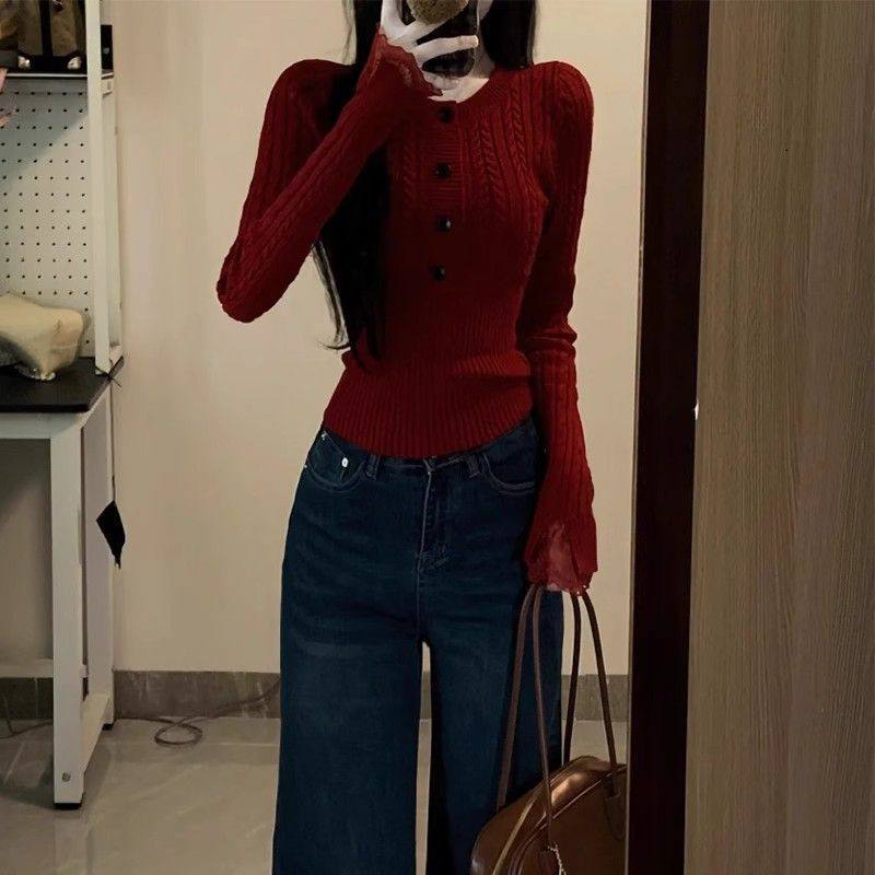 圣诞新年红色蕾丝边麻花收腰毛衣女秋冬内搭打底miu系针织衫上衣,淘宝优惠券,粉丝福利购,淘宝优惠卷