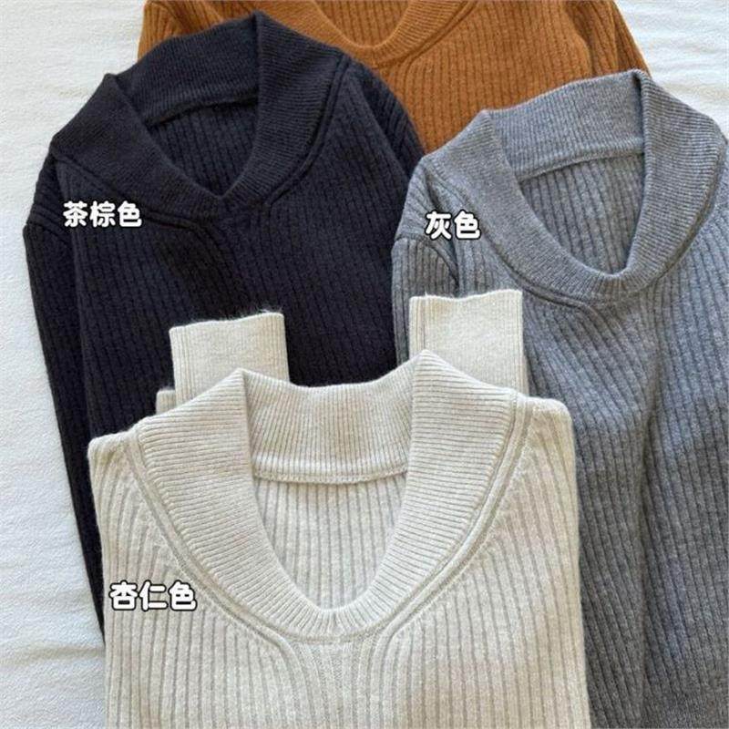 美式复古杏色v领长袖简约毛衣女秋冬高级感显瘦内搭打底针织上衣,淘宝优惠券,粉丝福利购,淘宝优惠卷