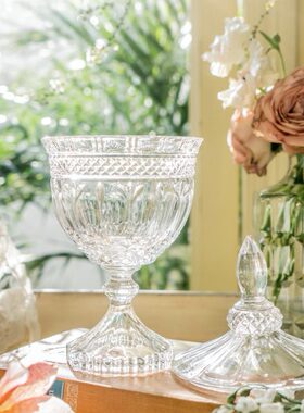 法式轻奢浮雕带盖玻璃高脚糖果罐储物罐家居软装饰样板房民宿摆件