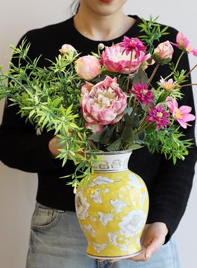 中式青花瓷高级感花瓶摆件插花干燥花轻奢餐L桌玄关花艺家居软装