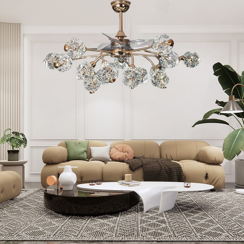 客厅餐厅水晶风扇吊灯全光谱轻奢奶油风新款变频全铜电机智能语音 - 图0